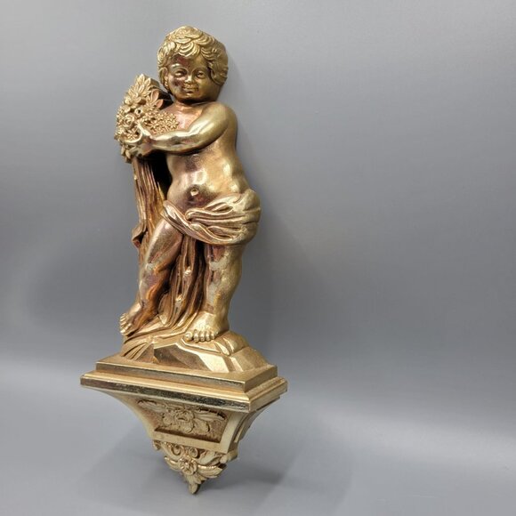 Vintage Syroco Gold Cherub Wall Shelf Sconce Flowers Design Made In USA 7140 - Picture 7 of 8